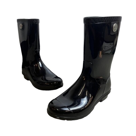 UGG Women's Shiny Black Rubber Signature Logo Sienna Rain Boots Sz 7 - Picture 1 of 14